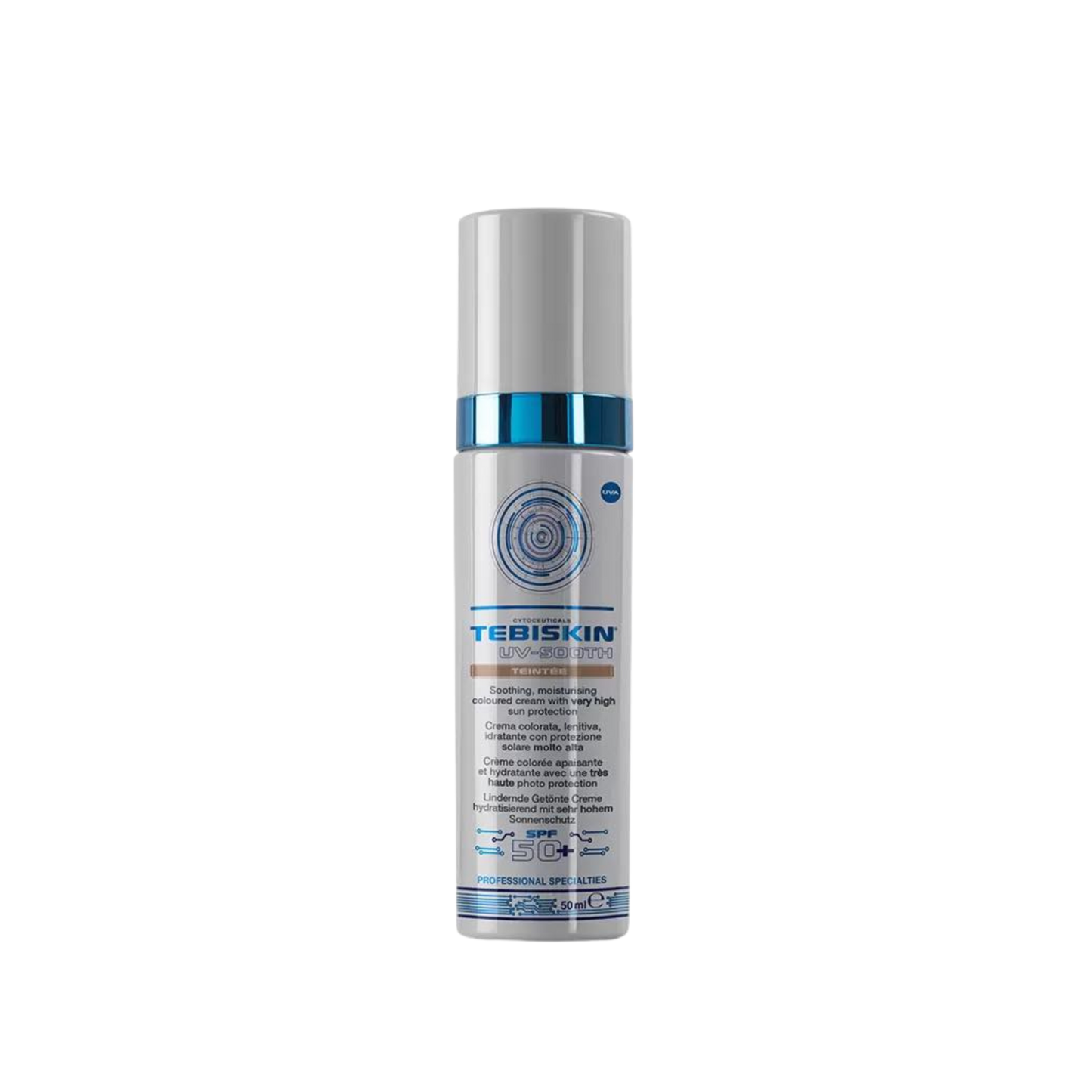TEBISKIN UV-SOOTH TEINTEE SPF50+ Tonuojantis kremas SPF 50 +, kuris pasižymi maskuojančiu poveikiu ir aukšta apsauga nuo saulės spindulių.